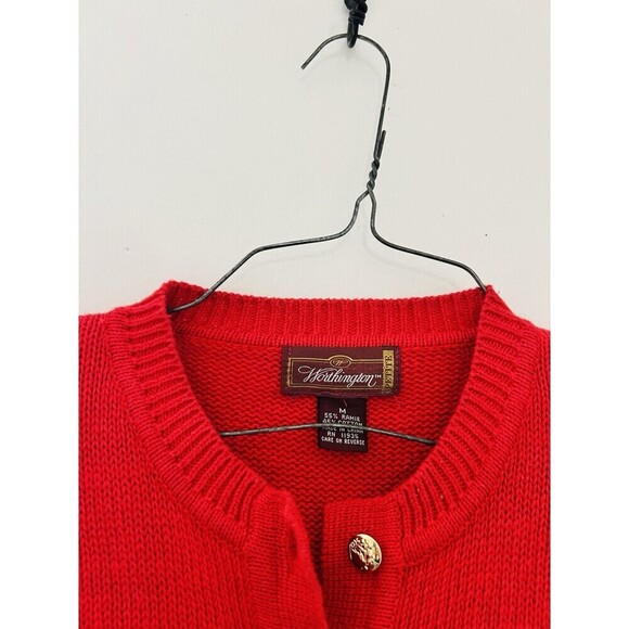 Vintage 90s Worthington Fire Engine Red Gold Button Up Cardigan Petite Sz Med - Picture 5 of 7
